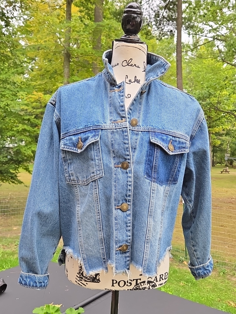 POL Blue Two-Tone Distressed Hem Denim Jacket